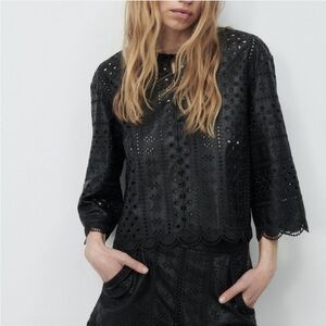 Zara Faux Leather Black Cut-out Eyelet Cropped Blouse
